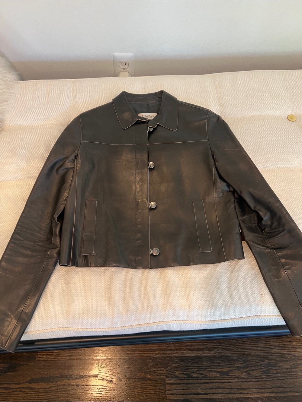 Calvin Klein Black Leather Cropped Button-Front Jacket